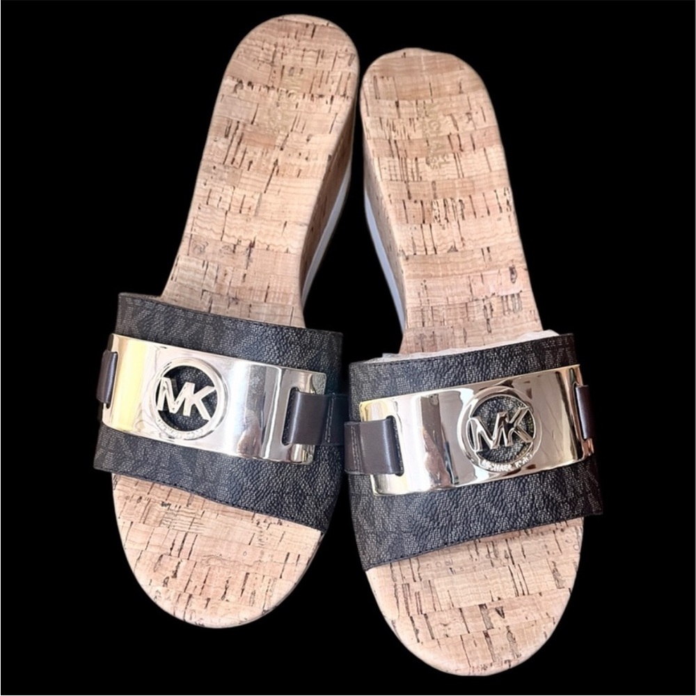 Michael Kors Brown and Gold Cork Slide Sandals NEW